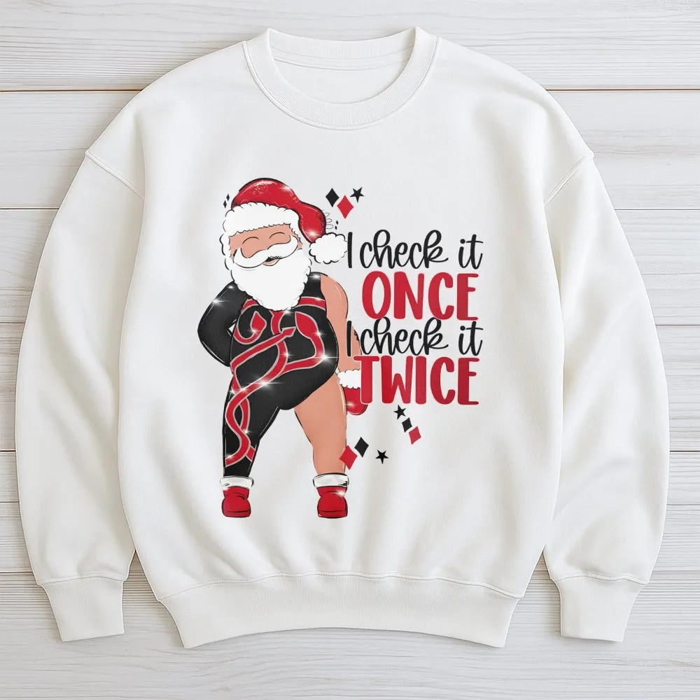 Gymnast Santa Pullover, Humorous Santa Sweatshirt, I Check It Twice Crewneck, Fitness Holiday Sweater, Christmas Gymnast Pres
