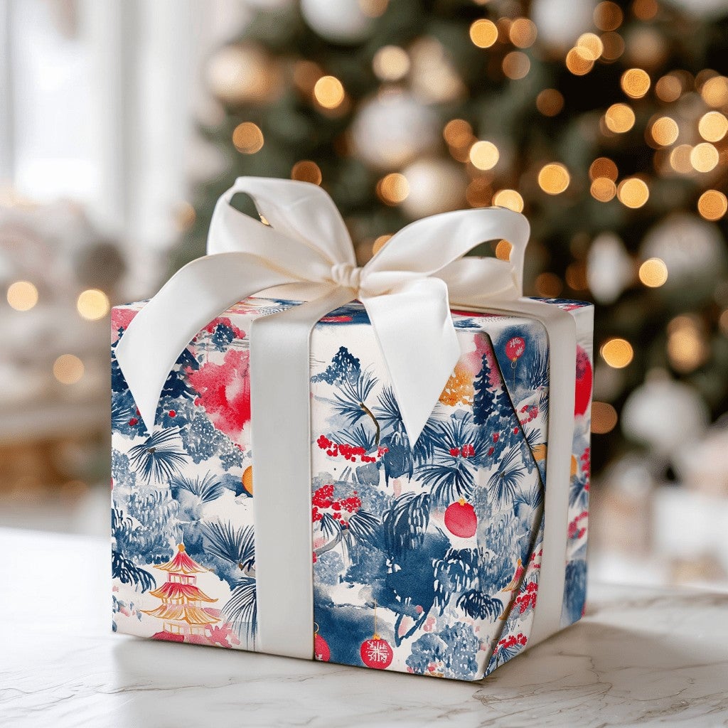 Asian Pagoda Holiday Gift Wrap, Chinoiserie Christmas Wrapping Paper, Fu Character Wrapping Paper, Winter Pine Tree Holiday W