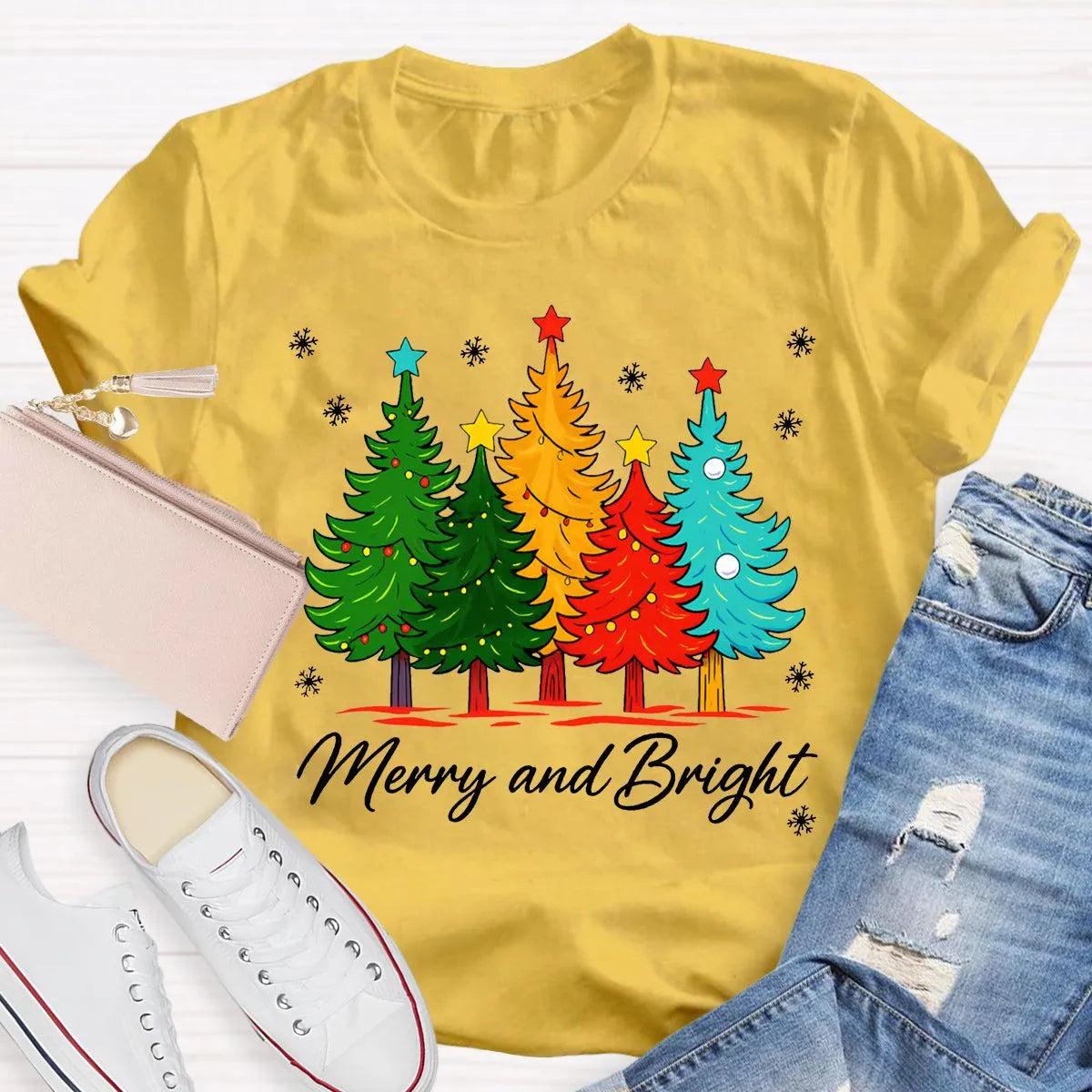 Colorful Holiday Graphic Tee, Merry and Bright Christmas Tree T-Shirt, Festive Xmas Tree Shirt, Retro Christmas Tee, Holiday 