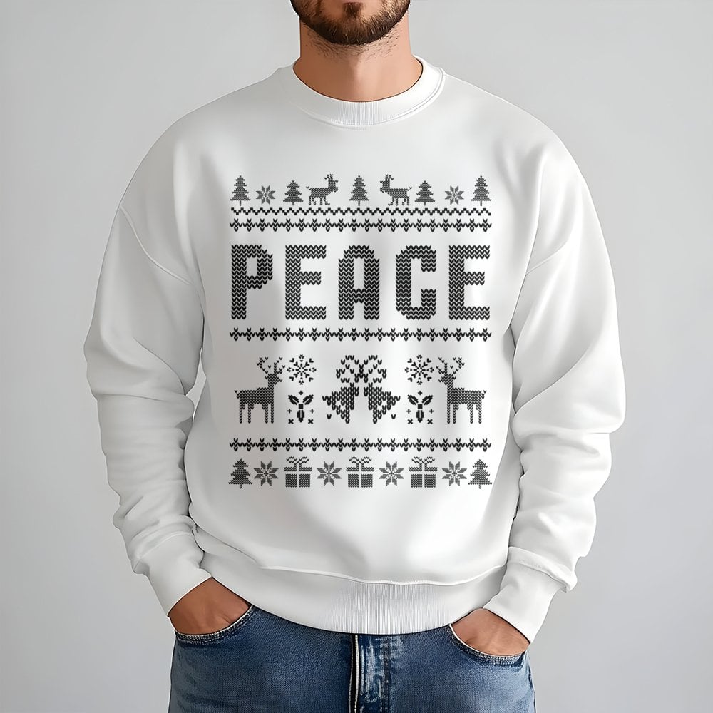 Reindeer Snowflake Pattern Sweater, Peace Ugly Christmas Sweatshirt, Humorous Retro Xmas Party Crewneck, Holiday Fair Isle Pu