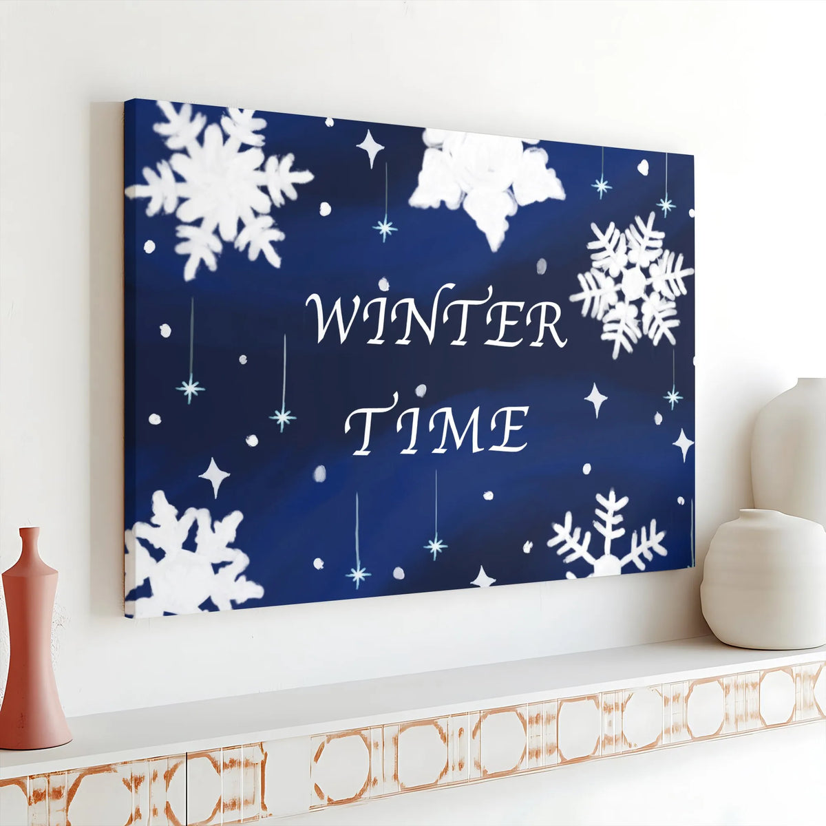 Snowflake and Stars Canvas Print, Winter Time Canvas Wall Art, Holiday Seasonal Canvas, Comfy Winter Living Room Decor, Chris