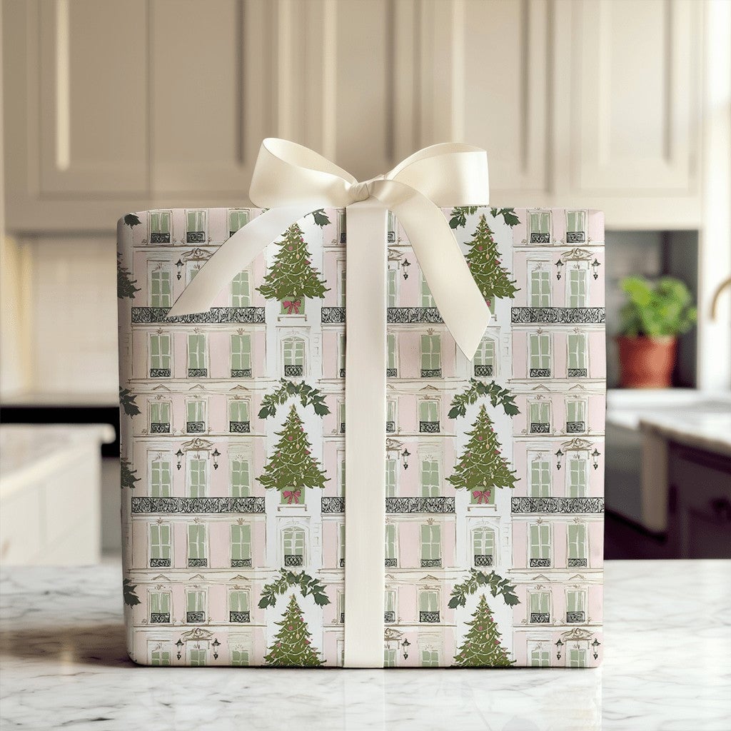Pink Parisian Building Gift Wrap, Paris Christmas Wrapping Paper, French City House Wrapping Paper, Elegant Holiday Christmas