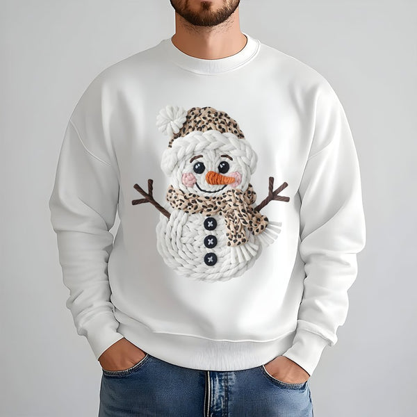 Faux Knit Winter Sweater, Leopard Print Snowman Sweatshirt, Adorable Christmas Holiday Crewneck, Retro Xmas Sweatshirt, Holid