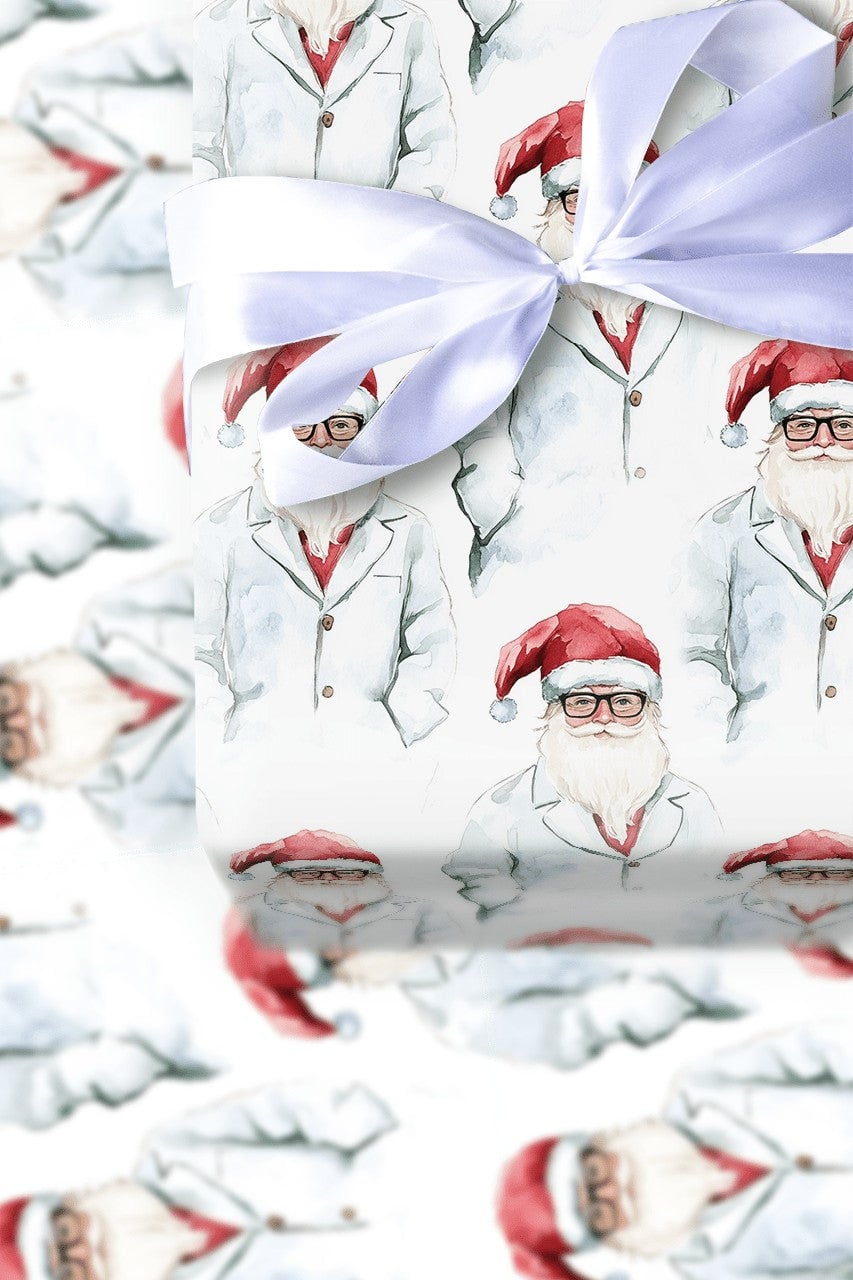 Scientist Christmas Gift Wrap, Doctor Santa Wrapping Paper, Medical Professional Holiday Wrapping Paper, Lab Coat Santa Gift 