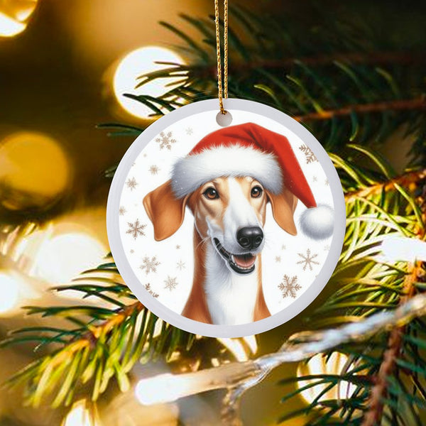 Greyhound Dog Holiday Ornament, Greyhound Santa Hat Christmas Ornament, Ceramic Greyhound Tree Ornament, Dog Lover Pet Keepsa