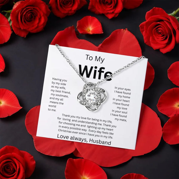 Sparkling CZ Crystal Knot Pendant, Wife Love Knot Necklace, Gold Finish Love Knot Jewelry, Anniversary Present from Husband, 