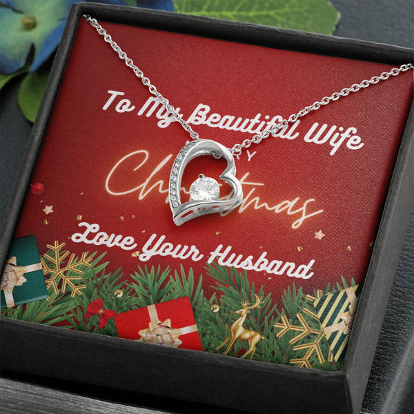14K White Gold Finish Heart Pendant Necklace, Forever Love Heart Necklace, Romantic Christmas Present for Wife from Husband, 