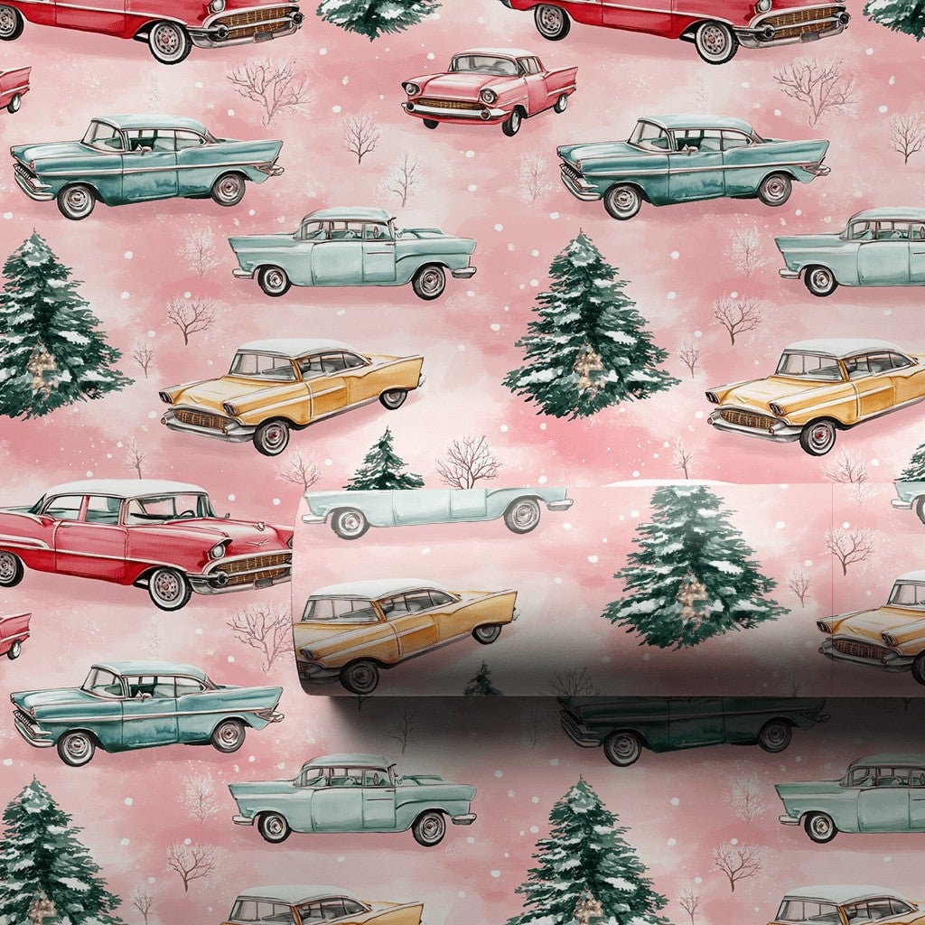 Retro Winter Tree Holiday Wrapping Paper, Vintage Pink Christmas Car Wrapping Paper, Pastel Xmas Gift Wrap Roll, Snowy Season