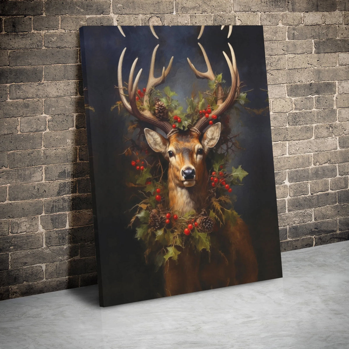 Rustic Deer Holly Wreath Print, Christmas Stag Canvas Wall Art, Holiday Winter Wildlife Canvas Painting Home Decor
