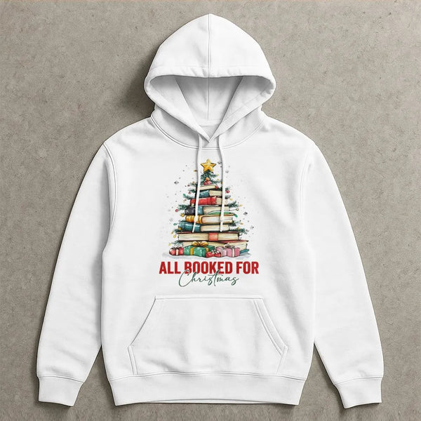 Festive Book Tree Graphic Sweatshirt, All Booked for Christmas Hoodie, Adorable Bookish Holiday Pullover, Librarian Christmas