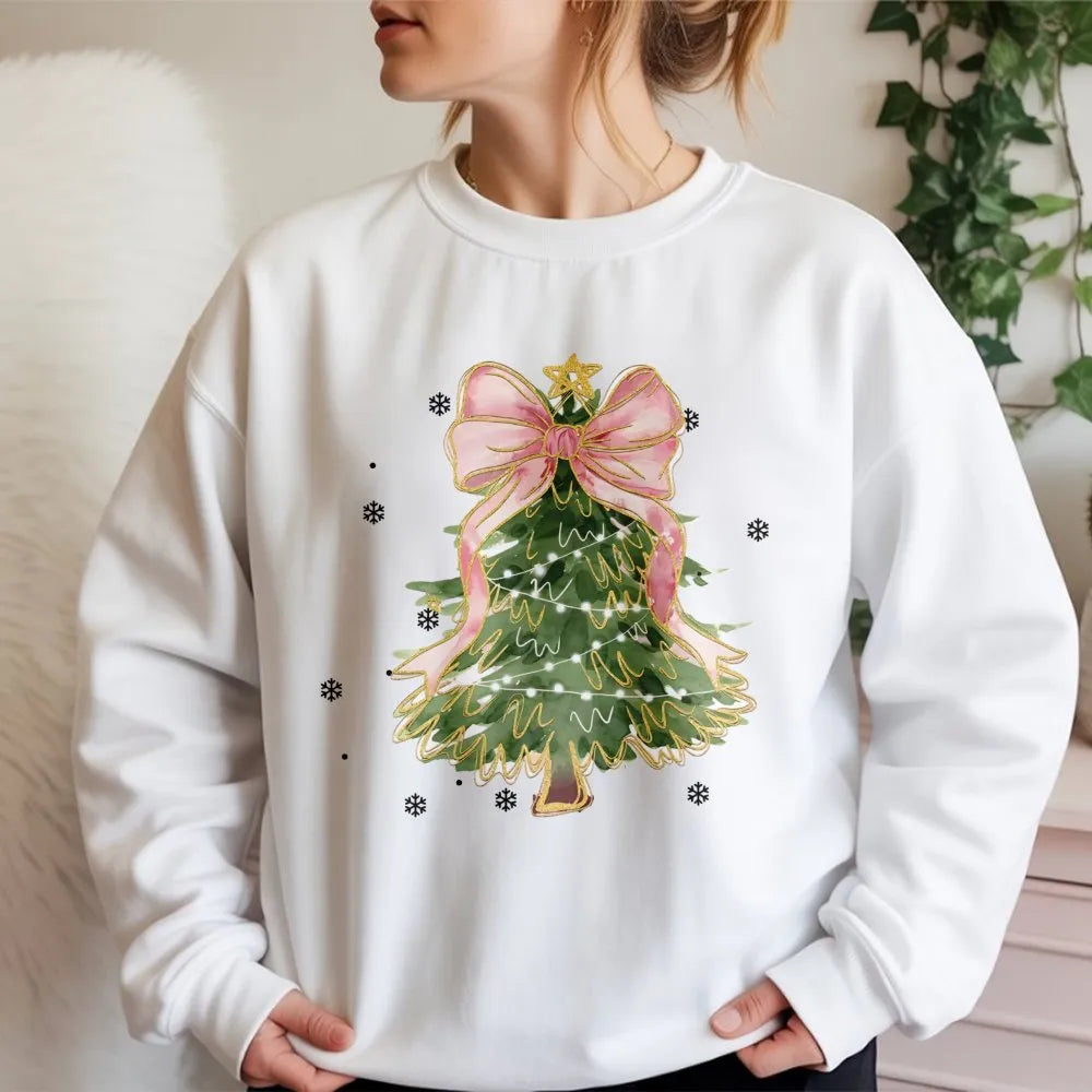 Aesthetic Pink Bow Holiday Crewneck, Coquette Christmas Tree Sweatshirt, Adorable Winter Tree Pullover, Trendy Girly Xmas Pre