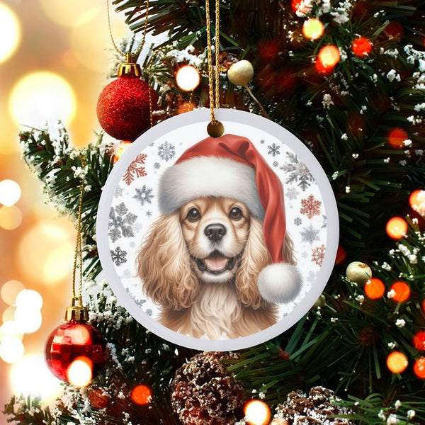 Adorable Santa Hat Dog Ceramic Ornament, Cocker Spaniel Christmas Ornament, Festive Puppy Holiday Ornament, Pet Lover Xmas Tr