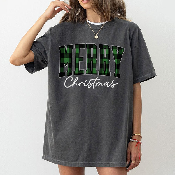 Green Buffalo Plaid Holiday Shirt, Merry Christmas T-Shirt, Retro Varsity Lettering Graphic Tee, Festive Winter T-Shirt, Fami