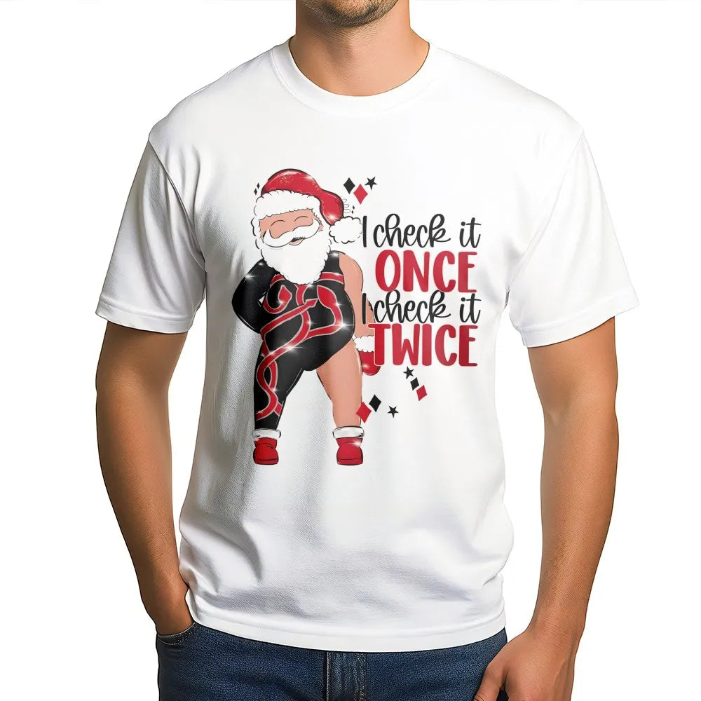 Sassy Christmas Graphic T-Shirt, I Check It Twice Santa T-Shirt, Humorous Holiday Party Shirt, Retro Xmas Tee, Holiday Presen