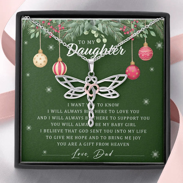 Rose Gold Heart Dragonfly Pendant, Dragonfly Necklace for Daughter, Dad to Daughter Dragonfly Necklace, Christmas Necklace Pr
