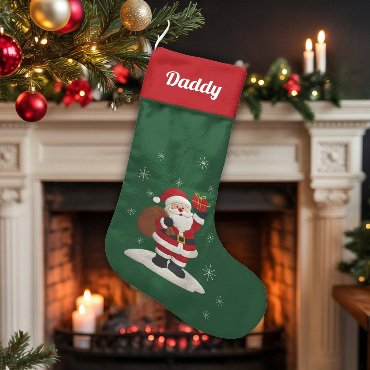 Custom Name Surf Holiday Stocking, Personalized Surfing Santa Christmas Stocking, Tropical Coastal Xmas Stocking, Beach Decor