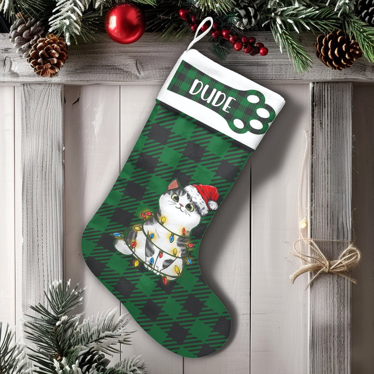 Green Plaid Holiday Pet Stocking, Personalized Cat Christmas Stocking, Velboa Fabric Custom Name Stocking, Cat Lover Xmas Hom