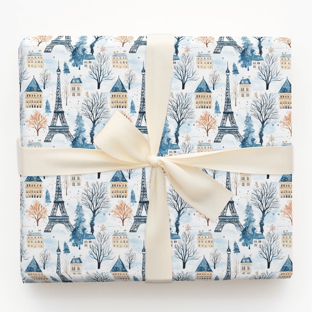 Snowy Eiffel Tower Gift Wrap, Paris Winter Wrapping Paper, French Cityscape Present Paper, Paris France Christmas Holiday Wra