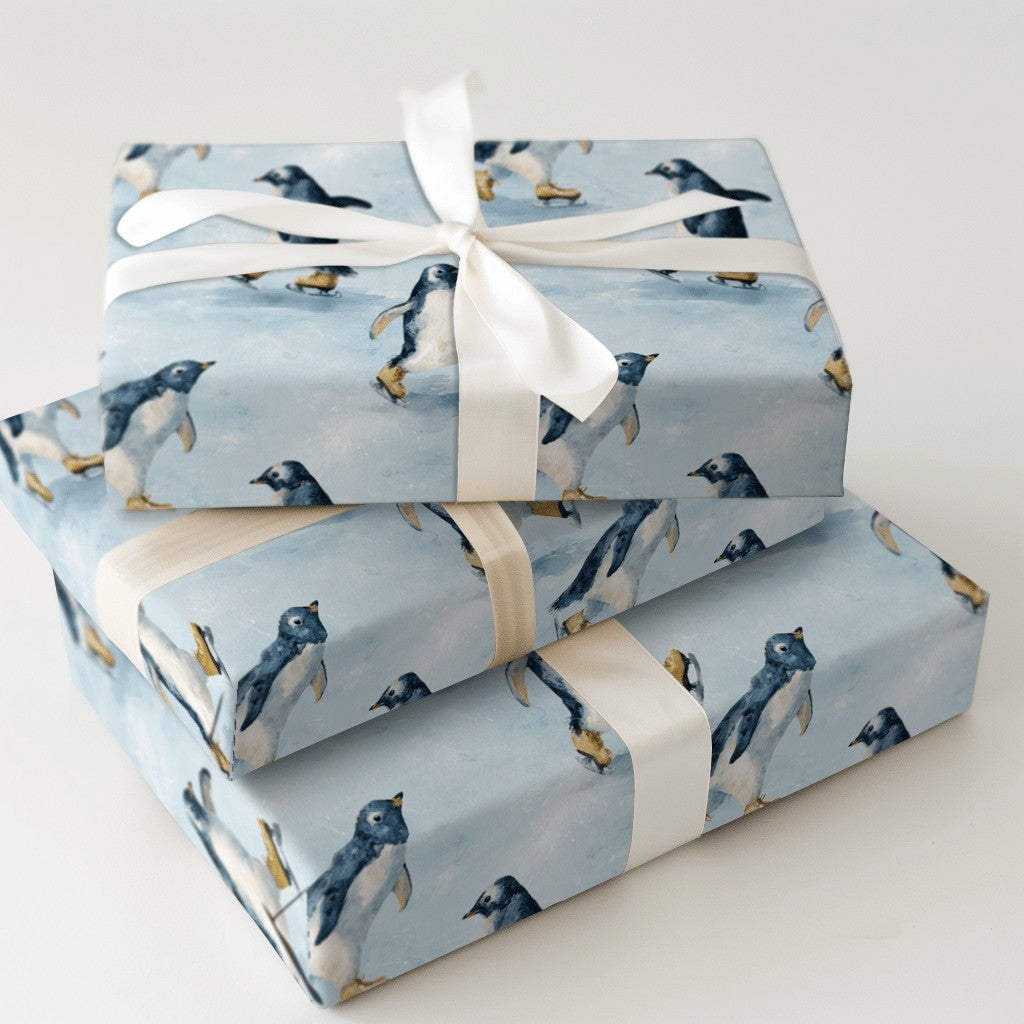 Adorable Winter Animal Gift Wrap, Ice Skating Penguin Christmas Wrapping Paper, Watercolor Holiday Wrapping Paper, Festive Ki