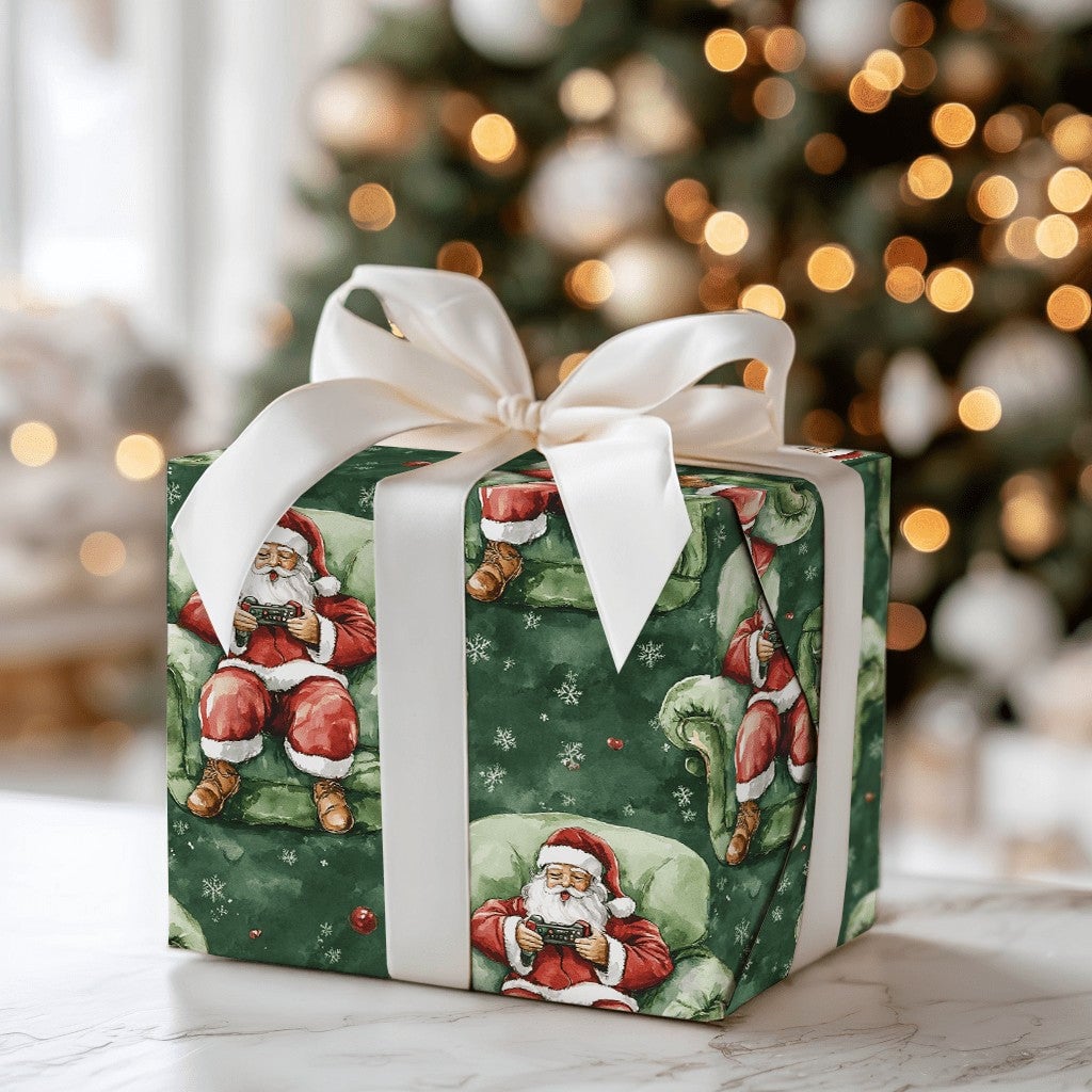 Video Game Christmas Gift Wrap, Gamer Santa Wrapping Paper, Humorous Gaming Santa Wrapping Paper, Tech Lover Holiday Paper Ro