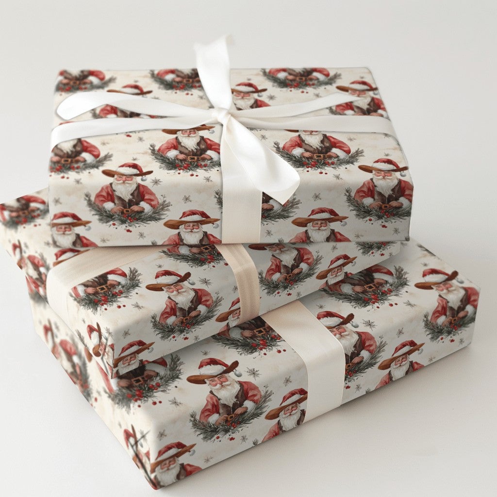 Watercolor Country Christmas Gift Wrap, Rustic Cowboy Santa Wrapping Paper, Western Santa Wreath Holiday Paper, Vintage Xmas 