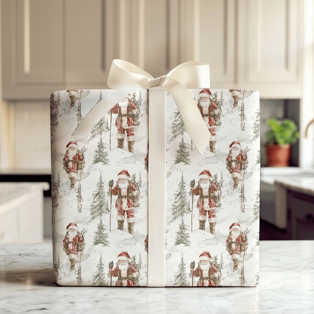 Snowy Forest Christmas Gift Wrap, Vintage Hiking Santa Wrapping Paper, Watercolor Santa Claus Present Paper, Rustic Holiday P