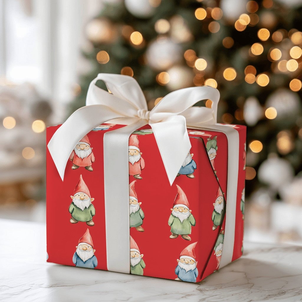 Watercolor Scandinavian Gift Wrap Roll, Red Christmas Gnome Wrapping Paper, Whimsical Holiday Present Paper, Nordic Winter Gi