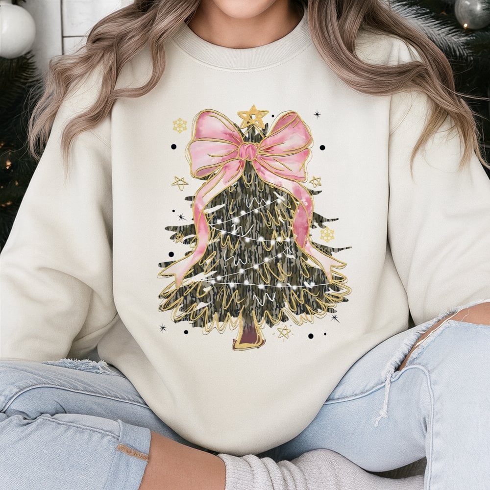 Coquette Pink Bow Xmas Sweater, Camo Christmas Tree Sweatshirt, Camo Tree Holiday Crewneck, Adorable Winter Camo Pullover, Xm
