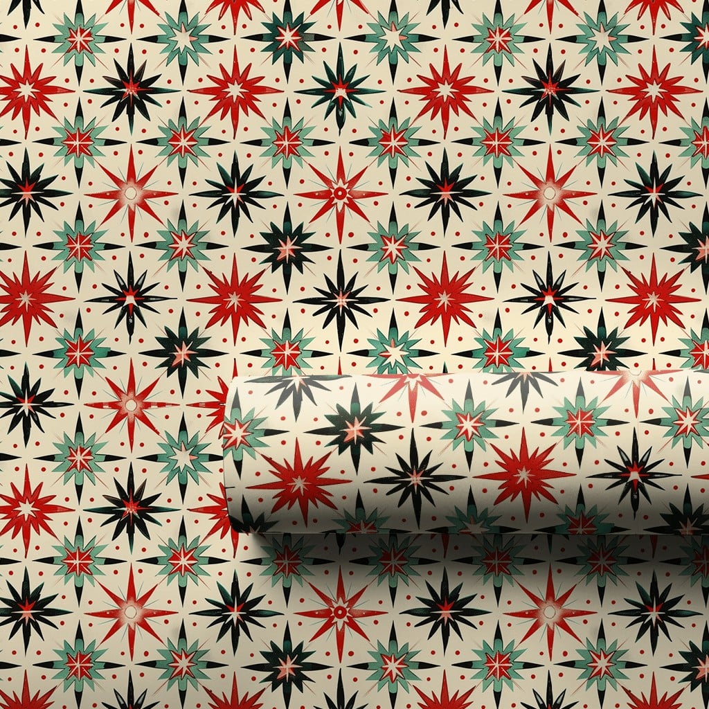 Retro Starburst Gift Wrap, Mid-Century Modern Wrapping Paper, Atomic Star Holiday Wrapping Paper, Vintage Christmas Gift Wrap