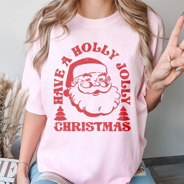 Holly Jolly Christmas Graphic Tee, Retro Santa T-Shirt, Vintage Santa Claus Face Shirt, Festive Holiday Christmas Apparel