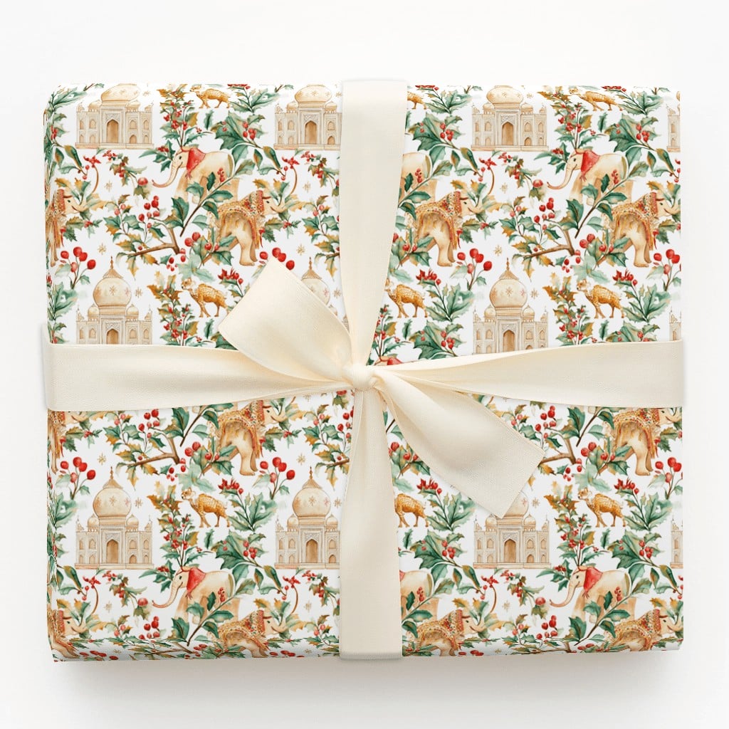 Indian Holiday Gift Wrap, Taj Mahal Christmas Wrapping Paper, Watercolor Elephant Camel Gift Wrap Roll, Multicultural Xmas Wr