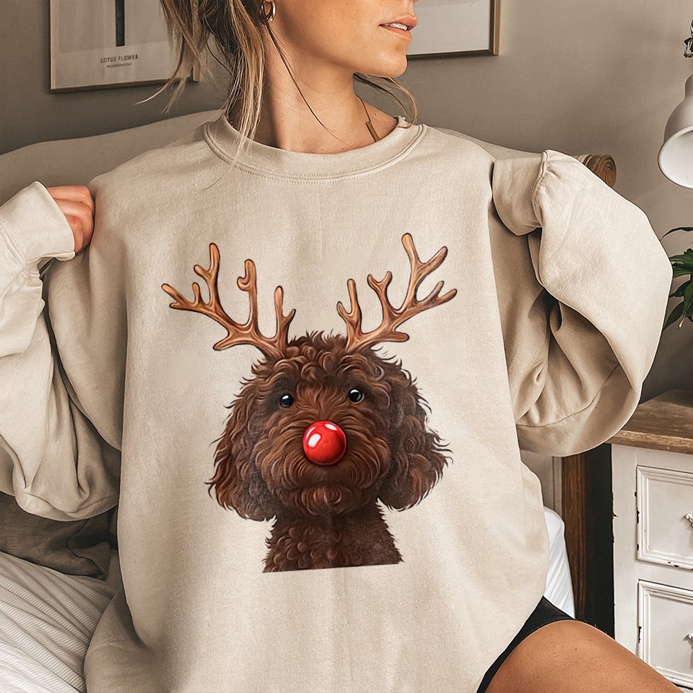 Humorous Christmas Dog Crewneck, Chocolate Doodle Reindeer Sweatshirt, Goldendoodle Holiday Pullover, Pet Lover Xmas Sweater,