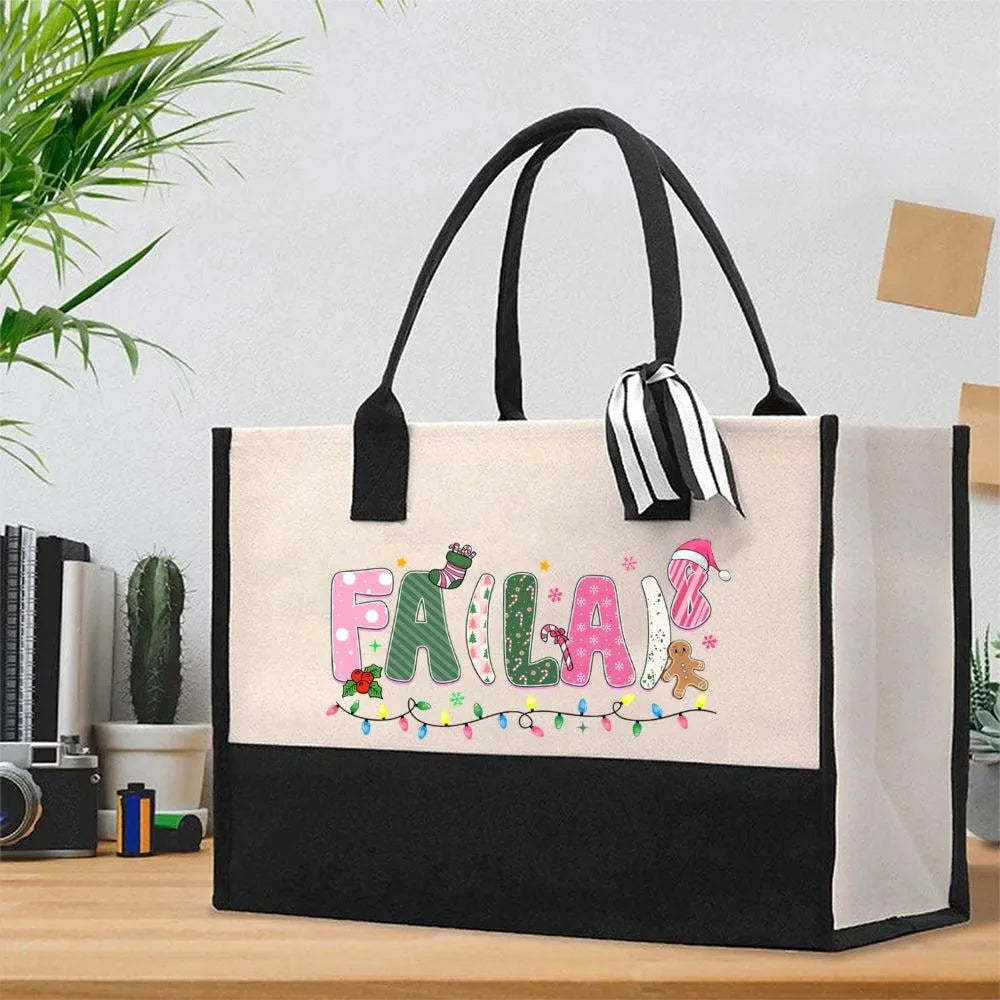 Pink Letter Christmas Math Teacher Canvas Tote, Fa La Holiday Math Cotton Tote Bag, Winter School Shoulder Bag, Present for H