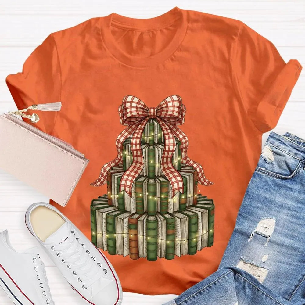 Bookworm Holiday Graphic Tee, Books Bows Lights Christmas Tree Shirt, Comfy Bookish Christmas T-Shirt, Reader Teacher Xmas Pr