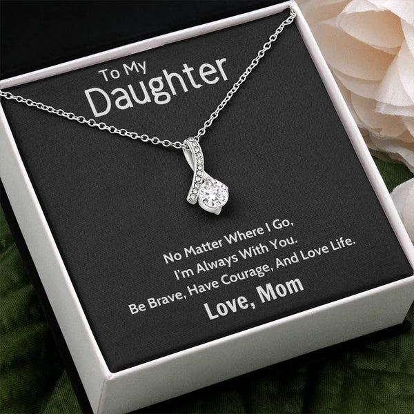 Ribbon Pendant Necklace, Daughter Necklace from Mom, 14k White Gold Finish Sparkle Necklace, Birthday Present for Daughter, C