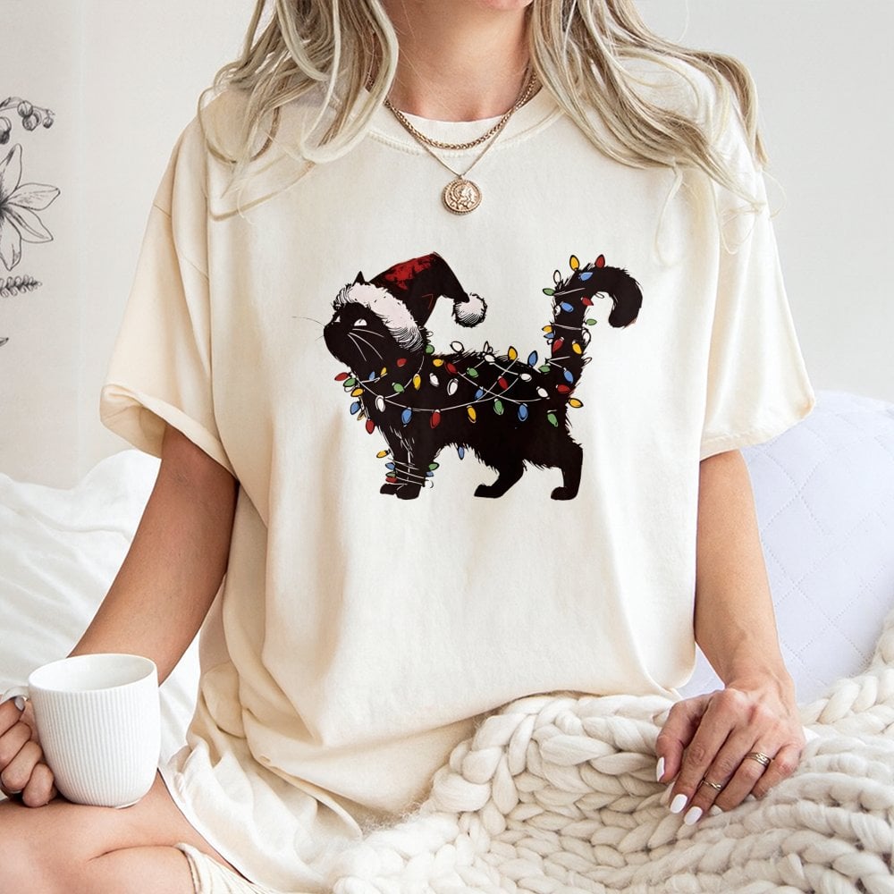 Humorous Holiday Kitten Graphic Tee, Black Cat Christmas Lights T-Shirt, Xmas Cat Lover Shirt, Adorable Christmas Pet Owner P