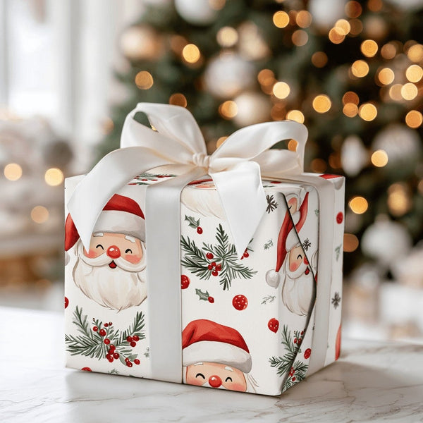 Holly Berry Gift Wrap, Santa Claus Christmas Wrapping Paper, Festive Xmas Present Wrap, Holiday Kids Wrapping Paper, Seasonal