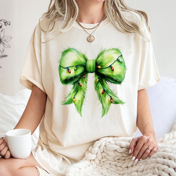 Holiday Lights Tee, Furry Green Bow Christmas Shirt, Adorable Coquette Christmas T-Shirt, Retro Xmas Graphic Tee, Holiday Pre