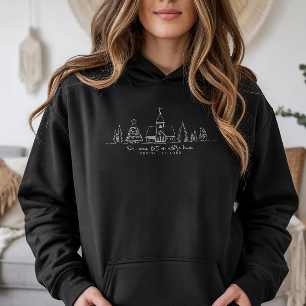 Minimalist Christian Christmas Hoodie, Oh Come Let Us Adore Him Hoodie, Line Art Faith Holiday Pullover, Nativity Religious C
