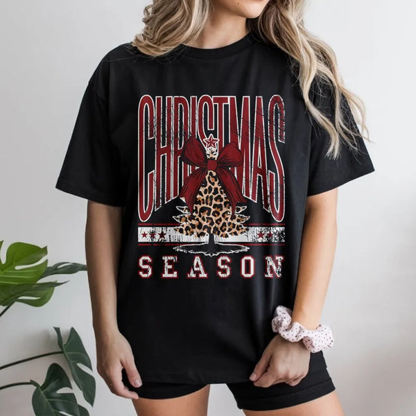 Holiday Bow Graphic Tee, Leopard Print Christmas Tree T-Shirt, Adorable Christmas Season Shirt, Festive Winter Tee, Holiday P