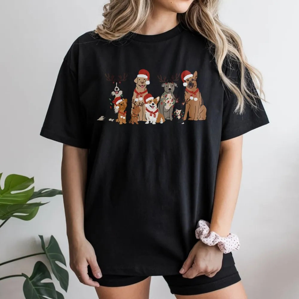 Santa Hat Puppies Holiday Shirt, Christmas Dogs T-Shirt, Adorable Holiday Dog Graphic Tee, Humorous Xmas Puppy Shirt, Dog Lov