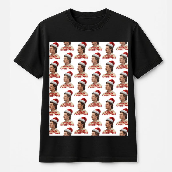 Christmas Graphic Shirt, Retro Santa Hat Pattern T-Shirt, Festive Santa Claus Holiday Tee, Adorable Vintage Christmas Pattern
