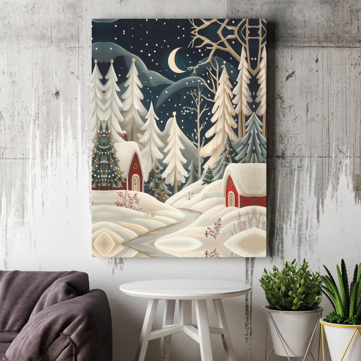 Snowy Winter Forest Canvas, Christmas Village Canvas Wall Art, Comfy Night Landscape Print, Holiday Christmas Canvas, Winter 