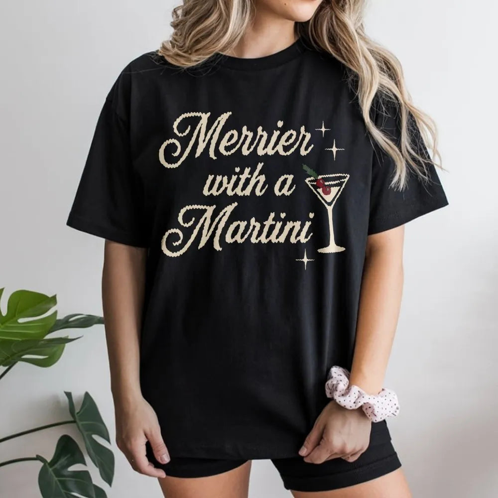 Retro Christmas Cocktail Graphic Tee, Merrier with a Martini Shirt, Humorous Holiday Drinking T-Shirt, Vintage Xmas Party Gra