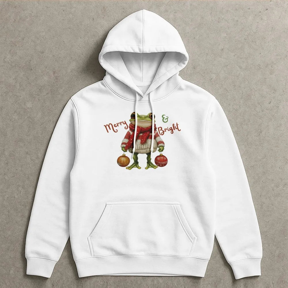 Merry and Bright Frog Sweatshirt, Christmas Frog Hoodie, Adorable Animal Holiday Hoodie, Festive Xmas Frog Hooded Pullover, W