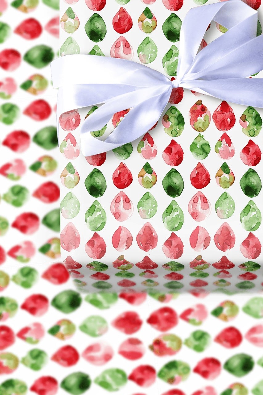 Red and Green Christmas Gift Wrap, Watercolor Gem Teardrop Wrapping Paper, Retro Holiday Teardrop Wrapping Paper, Festive Gif