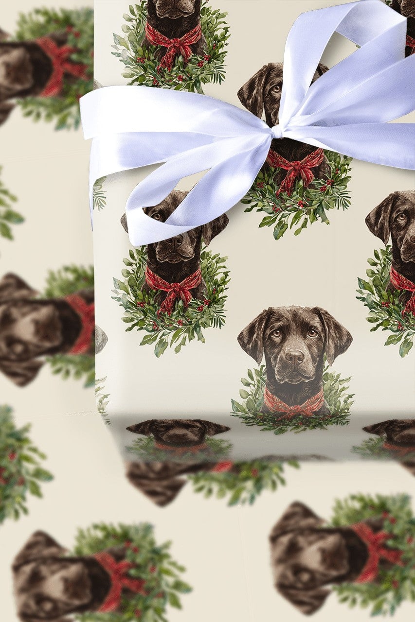 Dog Wreath Holiday Gift Wrap, Chocolate Lab Christmas Wrapping Paper, Labrador Retriever Christmas Wrapping Paper, Pet Lover 