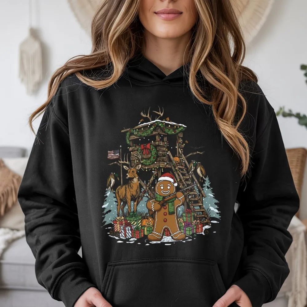 Christmas Deer Hunter Hoodie, Humorous Gingerbread Man Hunting Hoodie, Holiday Hunting Scene Hoodie, Adorable Xmas Outdoor Sw