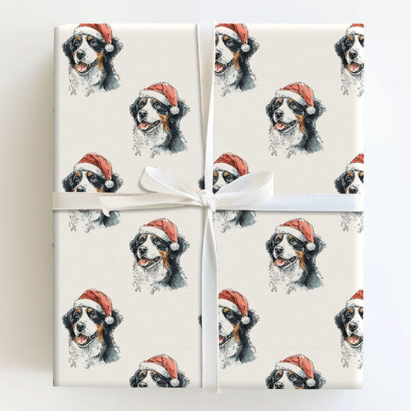 Santa Hat Dog Gift Wrap, Bernese Mountain Dog Christmas Wrapping Paper, Adorable Pet Lover Wrapping Paper Roll, Holiday Seaso