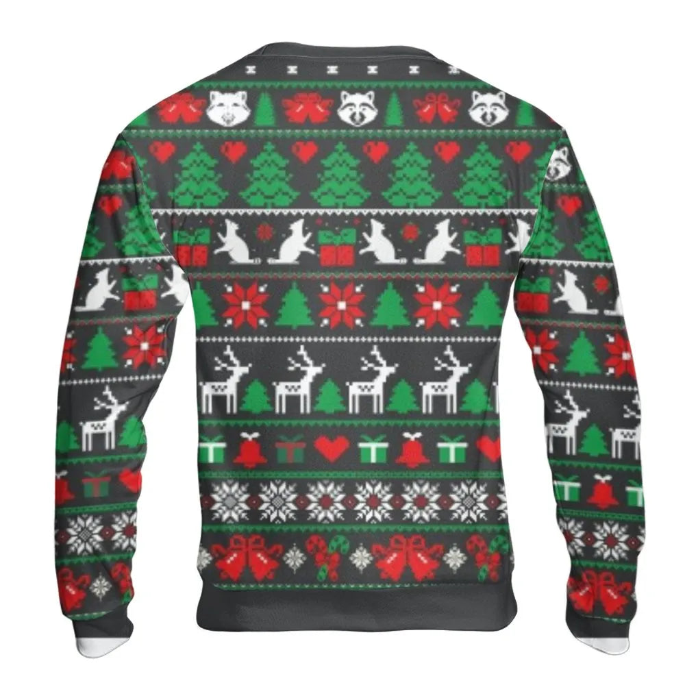 Here for the Snacks Holiday Sweater, Raccoon Christmas Sweatshirt, Humorous Animal Ugly Xmas Crewneck, Adorable Wildlife Pull